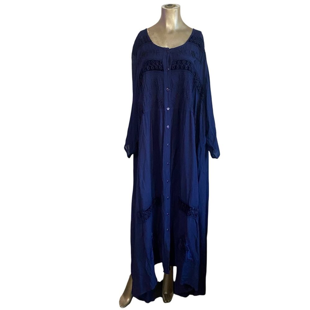 Ulla Popken Blue Embroidered Maxi Dress Plus 32/34 (4X) A-LINE Lagenlook NWT